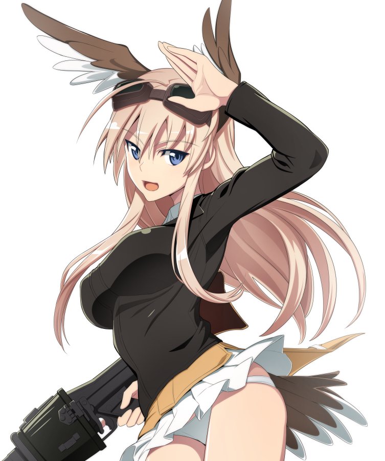 1girl animal_ears bird_ears bird_tail blonde_hair blue_eyes breasts goggles gun hanna-justina_marseille large_breasts long_hair looking_at_viewer military military_uniform miniskirt monochrome_background nanashino open_mouth panties rifle shiny shiny_clothes shiny_hair simple_background skirt smile solo strike_witches tail underwear uniform weapon white_background white_panties white_skirt world_witches_series