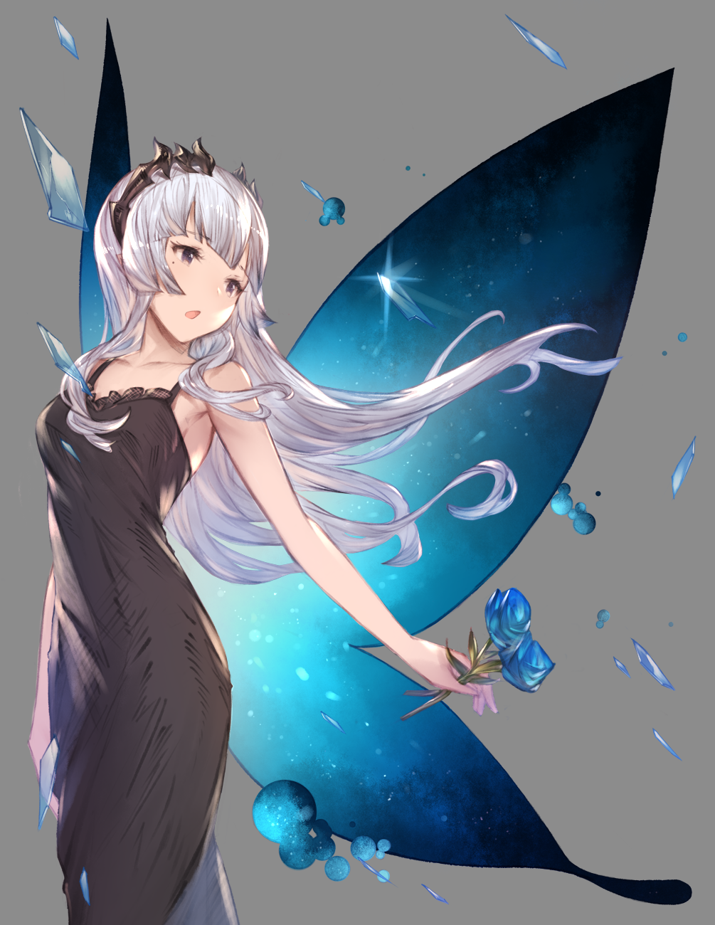 1girl arm_at_side armpit_peek bare_arms black_dress blue_flower blue_rose butterfly_wings collarbone commentary_request cowboy_shot demon_horns dress flower glint grey_background hair_blowing hanarito head_tilt highres holding holding_flower honey_strap horns long_hair looking_to_the_side mole mole_under_eye open_mouth orb outstretched_arm rose shards silver_hair simple_background sketch sleeveless sleeveless_dress solo sougetsu_eli standing very_long_hair violet_eyes virtual_youtuber wings