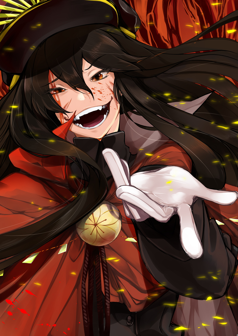 1girl black_hair black_hat blood blood_on_face cape commentary_request emblem eyebrows_visible_through_hair fangs fate/grand_order fate_(series) gloves hair_between_eyes hat idoke_kaeru long_hair looking_at_viewer military_hat oda_nobunaga_(fate) open_mouth orange_eyes outstretched_hand peaked_cap red_cape shiny shiny_hair solo white_gloves