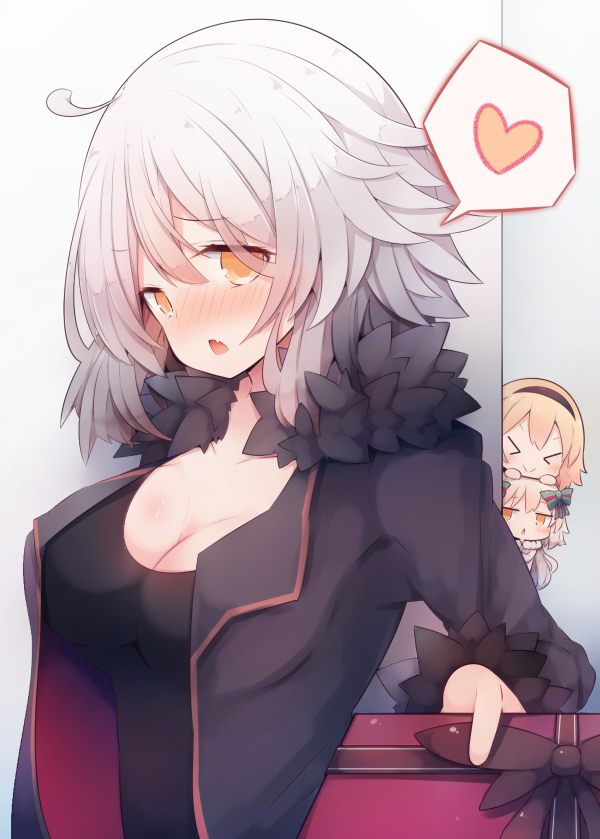 &gt;_&lt; 3girls ahoge bangs beni_shake black_dress black_hairband black_jacket blonde_hair blush bow box breasts chibi cleavage closed_eyes closed_mouth collarbone commentary_request dress eyebrows_visible_through_hair fang fate/grand_order fate_(series) fur-trimmed_jacket fur-trimmed_sleeves fur_trim gift gift_box green_bow green_ribbon grey_hair hair_between_eyes hair_bow hairband heart holding holding_gift incoming_gift jacket jeanne_d'arc_(alter)_(fate) jeanne_d'arc_(fate) jeanne_d'arc_(fate)_(all) jeanne_d'arc_alter_santa_lily long_hair long_sleeves looking_at_viewer medium_breasts multiple_girls nose_blush open_clothes open_jacket open_mouth orange_eyes ribbon solo_focus spoken_heart striped striped_bow striped_ribbon wicked_dragon_witch_ver._shinjuku_1999