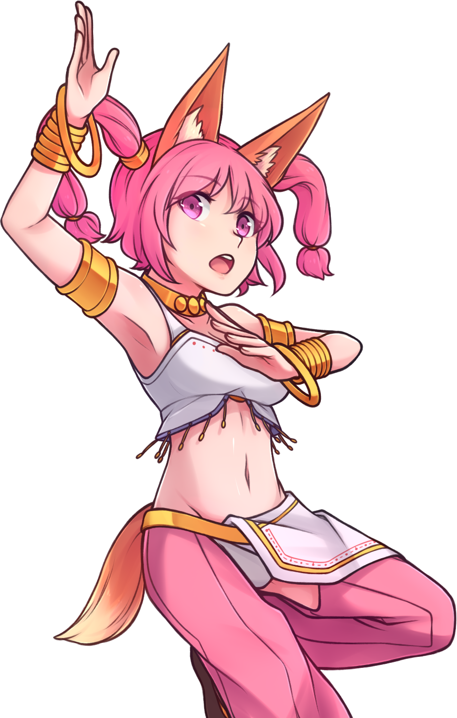 1girl :o animal_ear_fluff animal_ears arm_up armlet armpits bare_shoulders bracelet crotchless_pants dancer eyebrows_visible_through_hair eyes_visible_through_hair hair_ornament highres jewelry kotri_(rabi-ribi) looking_at_viewer midriff navel necklace pants pink_eyes pink_hair rabi-ribi solo speckticuls tail transparent_background twintails upper_body