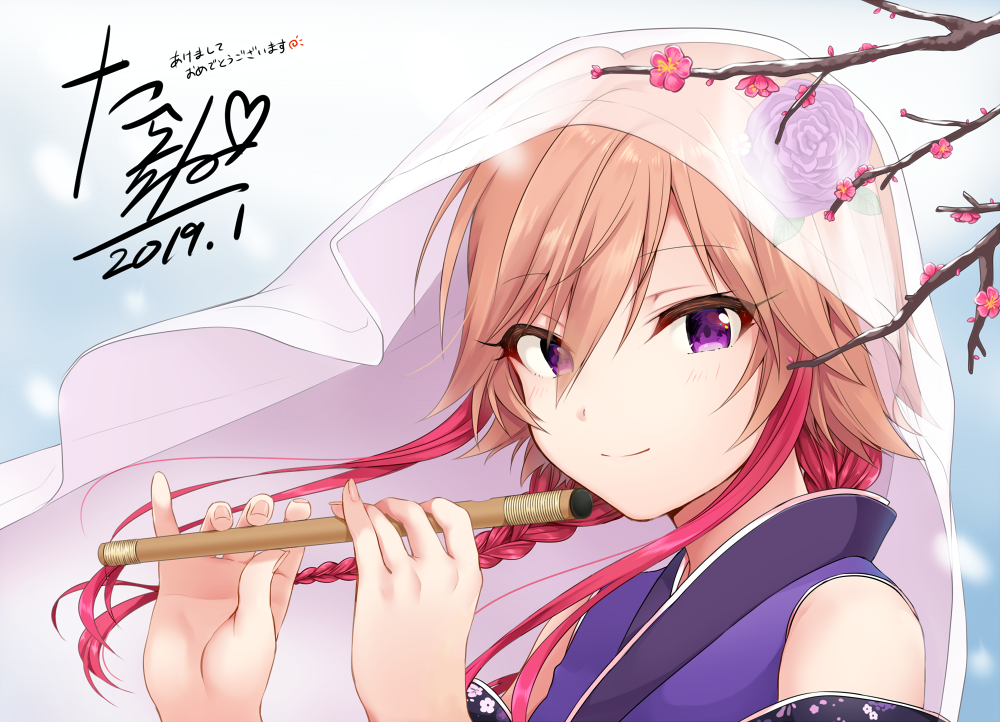 1girl bare_shoulders braid brown_hair closed_mouth dated day detached_sleeves floating_hair floral_print flower flute hair_between_eyes hair_flower hair_ornament hands_up holding holding_instrument idolmaster idolmaster_cinderella_girls instrument japanese_clothes kimono long_hair looking_at_viewer multicolored_hair ninomiya_asuka pink_flower purple_flower purple_kimono redhead rose sidelocks signature smile solo tarachine tree_branch two-tone_hair upper_body veil violet_eyes