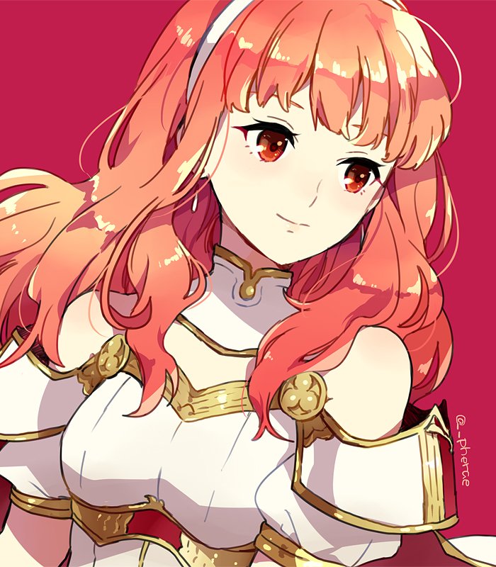 1girl celica_(fire_emblem) closed_mouth detached_collar earrings fire_emblem fire_emblem_echoes:_mou_hitori_no_eiyuuou fire_emblem_gaiden guttary hairband intelligent_systems jewelry long_hair nintendo red_background red_eyes redhead simple_background smile solo twitter_username upper_body white_hairband