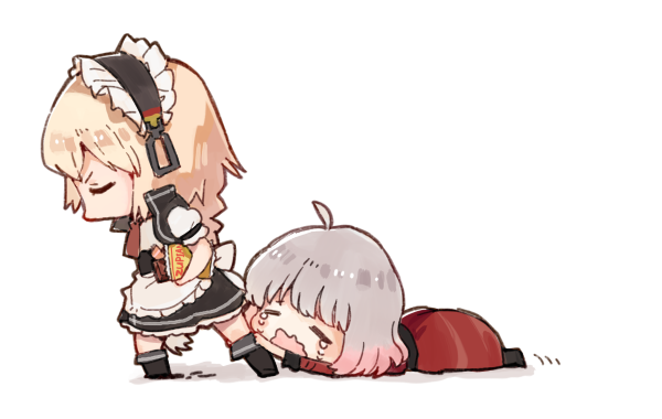 2girls ahegao blonde_hair boots candy chibi closed_eyes crying dragging food g36_(girls_frontline) gentiane_(girls_frontline) german_flag girls_frontline grey_hair maid maid_headdress military military_uniform multiple_girls shuzi snack uniform