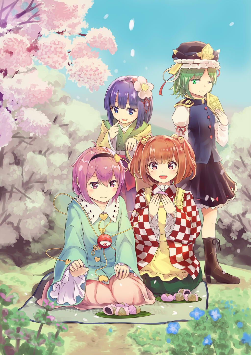 4girls :d ;) apron bangs bell black_hairband black_skirt blue_eyes blue_flower blue_shirt blue_sky blue_vest boots brown_footwear checkered checkered_kimono cherry_blossoms commentary_request culter day epaulettes eyebrows_visible_through_hair finger_to_mouth flower food frilled_hat frilled_shirt_collar frilled_sleeves frills green_eyes green_hair green_kimono green_skirt hair_bell hair_between_eyes hair_flower hair_intakes hair_ornament hairband hakama hand_up hands_up hat hat_ribbon heart heart_hair_ornament hieda_no_akyuu high_heel_boots high_heels highres holding holding_food japanese_clothes jingle_bell juliet_sleeves kimono komeiji_satori long_sleeves looking_at_viewer miniskirt motoori_kosuzu multiple_girls off_shoulder one_eye_closed open_mouth orange_hair outdoors petticoat pink_eyes pink_hair pink_skirt puffy_sleeves purple_hair red_hakama red_kimono red_ribbon ribbon ribbon-trimmed_collar ribbon_trim rod_of_remorse shiki_eiki shirt short_hair sitting skirt sky smile standing sweat third_eye touhou vest white_flower white_kimono white_ribbon white_shirt wide_sleeves yellow_apron yellow_kimono