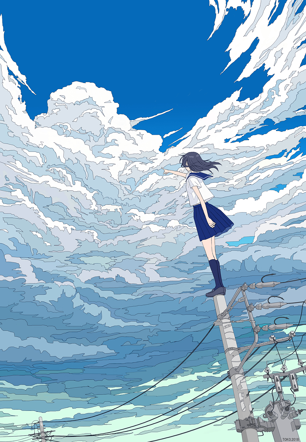 1girl black_hair blue_legwear blue_sailor_collar blue_skirt blue_sky clouds cloudy_sky commentary_request facing_away from_below highres kneehighs on_top_of_pole original outstretched_arm pleated_skirt pointing pointing_up sailor_collar scenery school_uniform serafuku seraphitalg shirt skirt sky solo standing telephone_pole white_shirt wide_shot wind