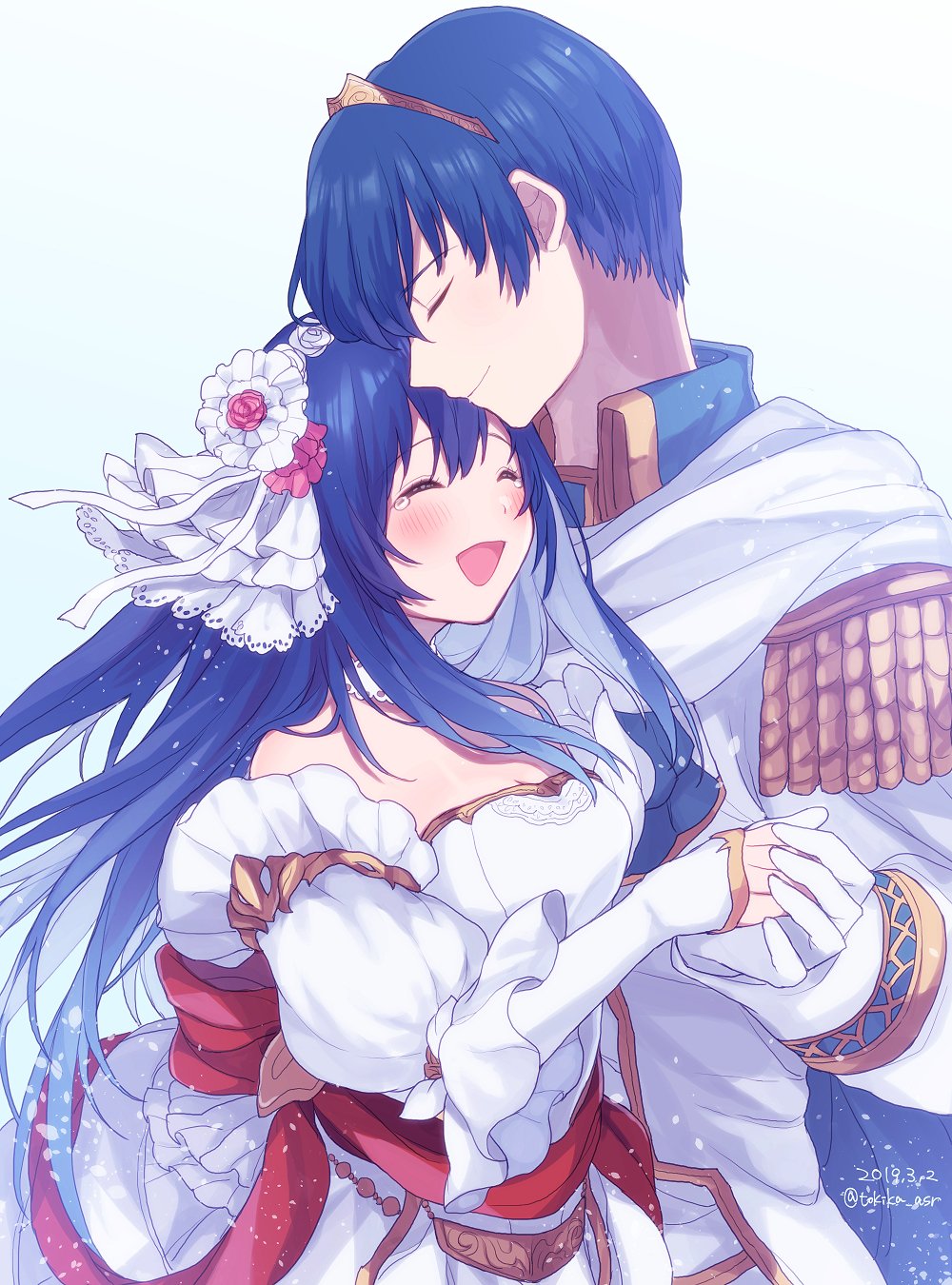 1boy 1girl blue_hair blush bride closed_eyes closed_mouth dated dress fire_emblem fire_emblem:_mystery_of_the_emblem fire_emblem_heroes from_side gloves groom hand_holding highres long_hair love marth nintendo open_mouth sheeda short_hair smile strapless strapless_dress tearing_up tiara tokika_asr twitter_username wedding_dress white_dress white_gloves