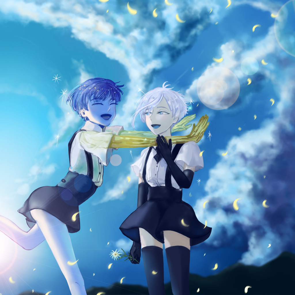 2others alternate_costume androgynous antarcticite blue_eyes blue_hair blue_sky closed_eyes clouds crystal_hair elbow_gloves flower gem_uniform_(houseki_no_kuni) gloves golden_arms happy houseki_no_kuni hug multiple_others necktie open_mouth outdoors petals phosphophyllite phosphophyllite_(ll) short_hair sky smile spoilers suspenders thigh-highs white_hair white_skin