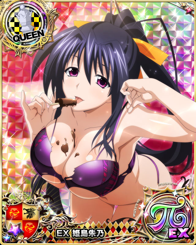 1girl black_hair bra breasts card_(medium) character_name chess_piece chocolate cleavage hair_ribbon high_school_dxd high_school_dxd_pi himejima_akeno large_breasts leaning_forward licking long_hair long_ponytail looking_at_viewer navel official_art open_mouth panties ponytail purple_bra purple_panties queen_(chess) ribbon solo tongue tongue_out torn_bra torn_clothes torn_panties trading_card underwear underwear_only very_long_hair violet_eyes