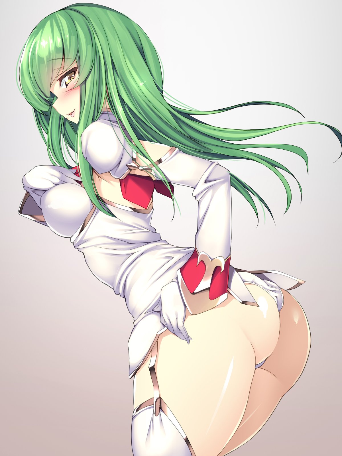 1girl ass bangs breasts c.c. code_geass commentary_request detached_sleeves dress eyebrows_visible_through_hair floating_hair from_side gloves green_hair grey_background hand_on_own_chest highres long_hair looking_at_viewer looking_back medium_breasts short_dress simple_background sleeveless sleeveless_dress solo thigh-highs torisan white_gloves white_legwear white_sleeves yellow_eyes