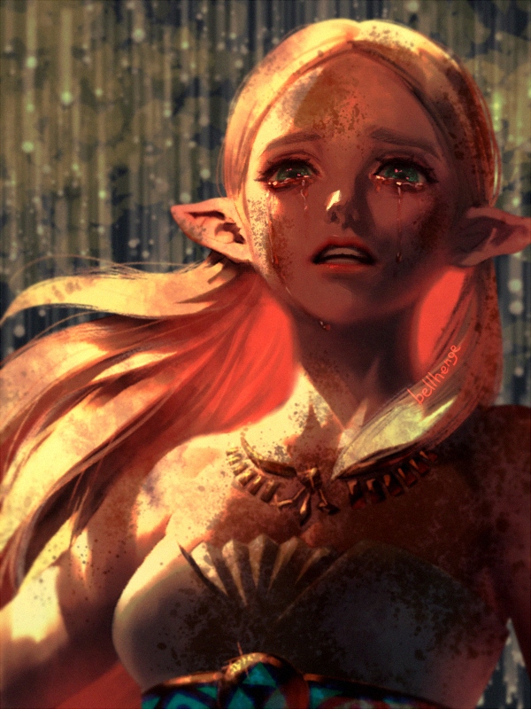 1girl aqua_eyes artist_name bare_shoulders bellhenge blonde_hair blurry blurry_background crying dirt dirty_clothes dirty_face dress forehead jewelry long_hair looking_up necklace nintendo open_mouth pointy_ears princess_zelda solo strapless strapless_dress streaming_tears tears teeth the_legend_of_zelda the_legend_of_zelda:_breath_of_the_wild triforce upper_body white_dress