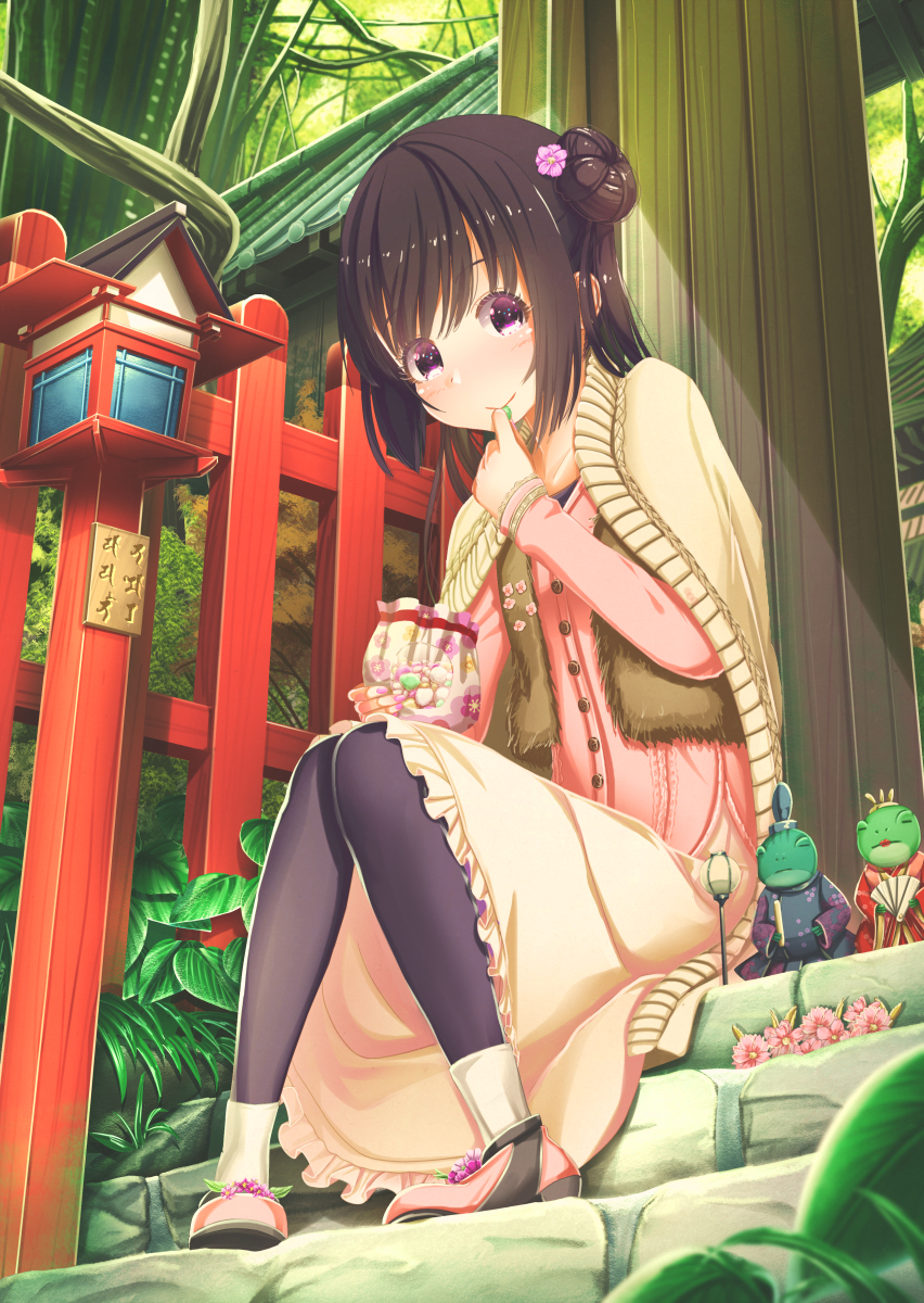 1girl abo_(kawatasyunnnosukesabu) animal bag bangs black_hair black_legwear brown_vest candy clothed_animal commentary_request eating fence flower food frilled_skirt frills frog fur hair_flower hair_ornament highres hina_ningyou hinamatsuri holding holding_bag knees_together_feet_apart leaf long_sleeves looking_at_viewer nail_polish original pantyhose pigeon-toed pink_cardigan pink_flower pink_footwear pink_nails side_bun sign sitting sitting_on_stairs skirt smile solo stairs stone_stairs vest violet_eyes yellow_capelet yellow_skirt