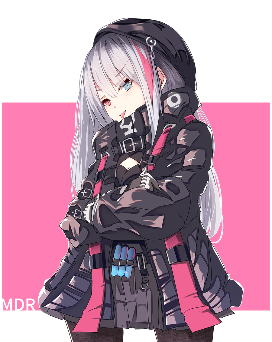 1girl bangs beret black_hat black_legwear blue_eyes breasts character_name cleavage cleavage_cutout commentary_request crossed_arms eyebrows_visible_through_hair eyes_visible_through_hair girls_frontline gloves graphite_(medium) grey_hair hat heterochromia katuo1129 load_bearing_vest long_hair looking_at_viewer mdr_(girls_frontline) multicolored_hair one_side_up pantyhose pink_background pink_eyes pink_hair sidelocks small_breasts smile solo strap streaked_hair tactical_clothes tongue tongue_out traditional_media two-tone_background white_background