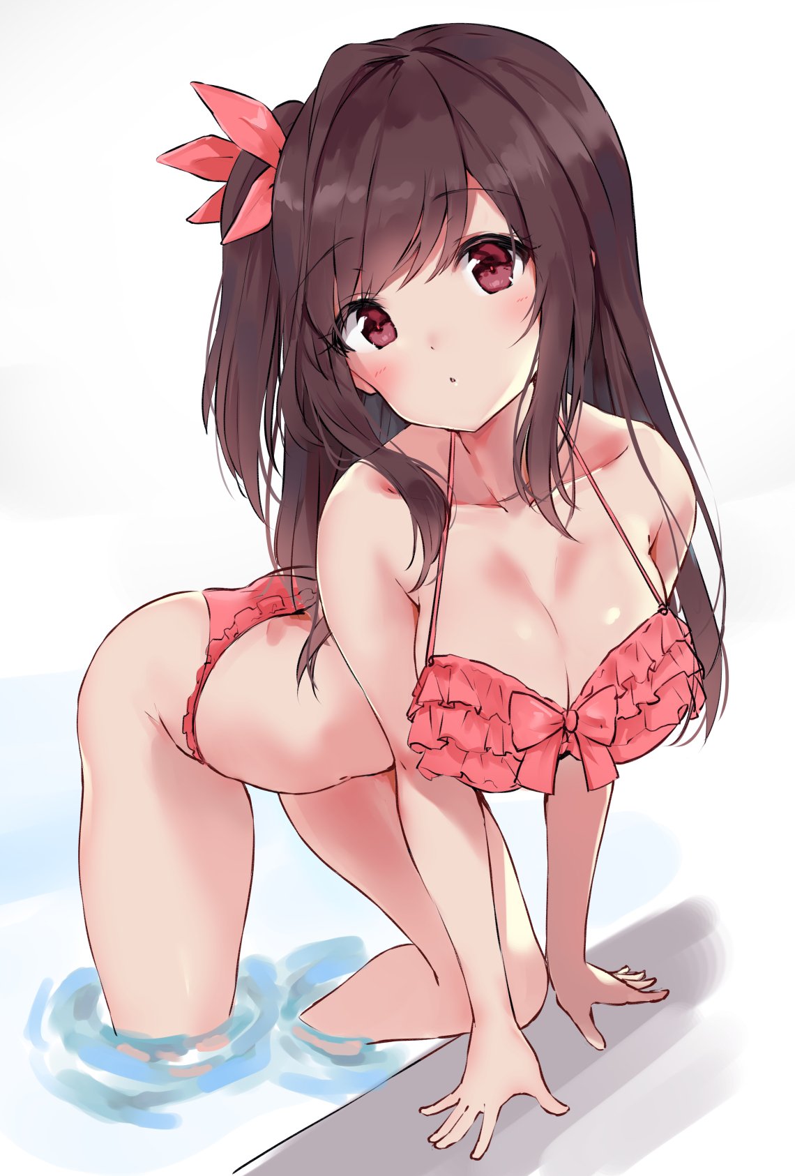 1girl arm_support bikini blush breasts brown_hair cleavage copyright_request eyebrows_visible_through_hair frilled_bikini frills halterneck head_tilt highres large_breasts leaning_forward long_hair looking_at_viewer minikon one_side_up pink_bikini sidelocks solo swimsuit wading water