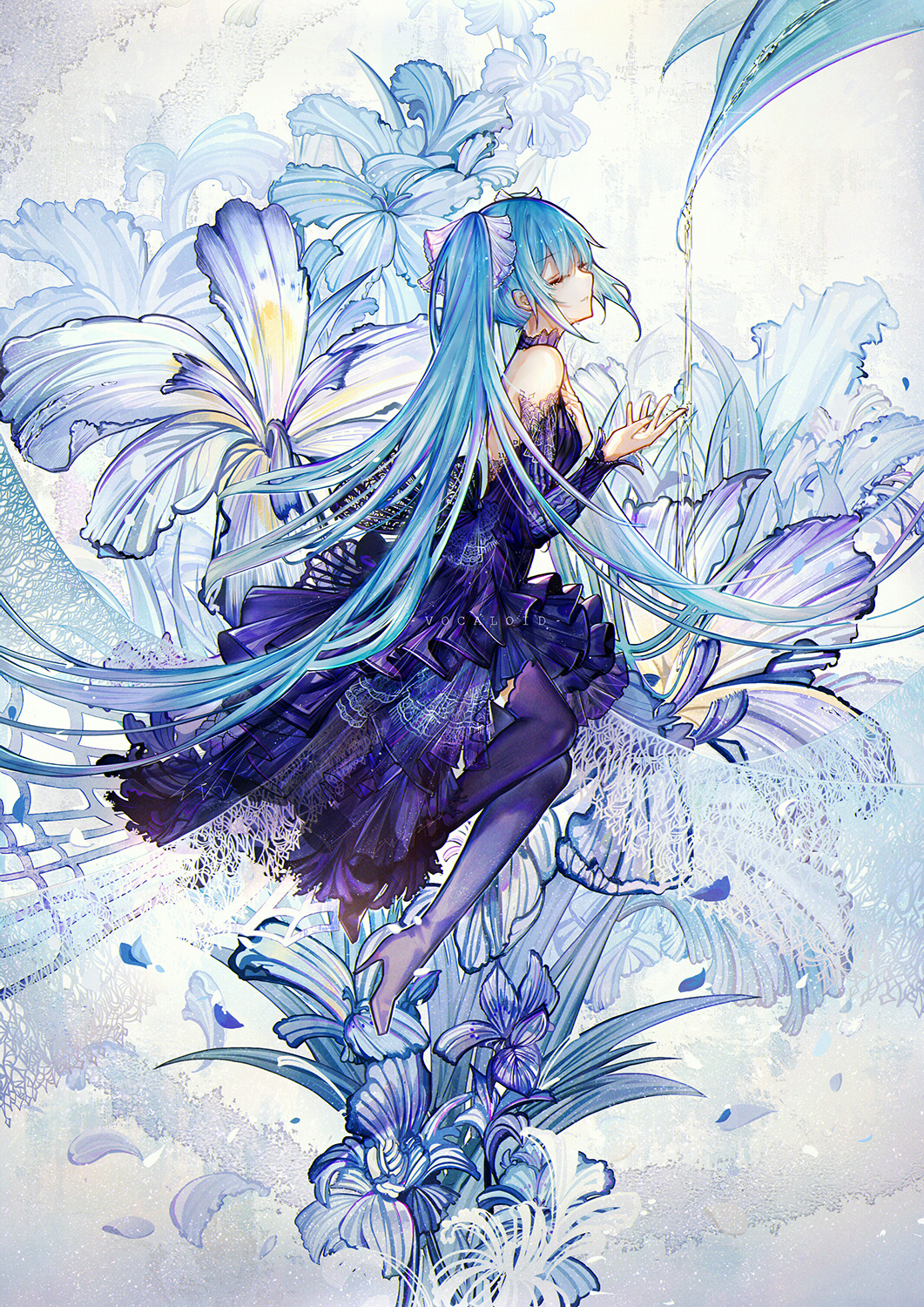 1girl alternate_costume aqua_hair backless_dress backless_outfit bai_qi-qsr bow choker closed_eyes detached_sleeves dew_drop dress eyelashes flower gown hair_bow hatsune_miku highres iris_(flower) long_hair muted_color profile purple purple_dress smile strapless strapless_dress thigh-highs twintails very_long_hair vocaloid water_drop