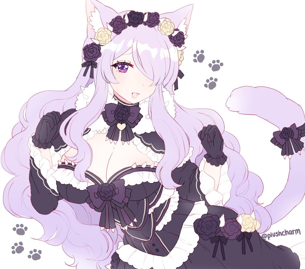 1girl alternate_costume animal_ears black_gloves bow breasts camilla_(fire_emblem_if) cat_ears cat_tail cleavage dress fire_emblem fire_emblem_if flower gloves hair_flower hair_ornament hair_over_one_eye large_breasts long_hair long_sleeves nintendo open_mouth plushcharm purple_hair simple_background solo tail twitter_username upper_body violet_eyes white_background