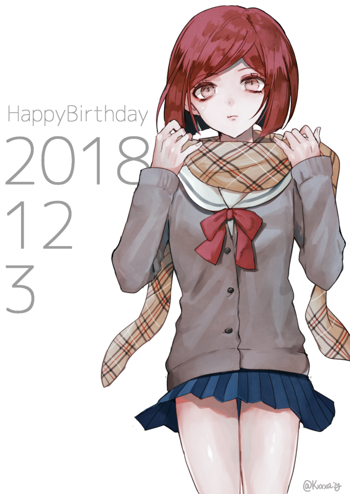 1girl 2018 @ alternate_costume artist_name blue_skirt bob_cut bow breasts commentary_request dangan_ronpa dated eyebrows_visible_through_hair grey_shirt happy_birthday long_sleeves looking_at_viewer new_dangan_ronpa_v3 pleated_skirt red_eyes redhead sakuyu scarf school_uniform shirt short_hair simple_background skirt small_breasts solo white_background yumeno_himiko