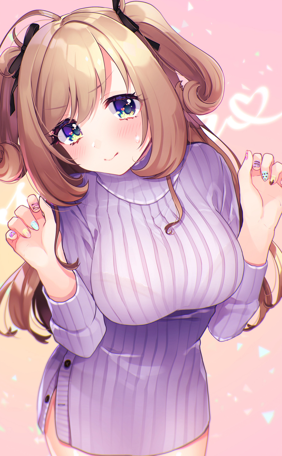 1girl ahoge bbbannooo blonde_hair blue_eyes blurry blush breasts buttons closed_mouth commentary_request cowboy_shot depth_of_field dress hair_ribbon hands_up head_tilt highres idolmaster idolmaster_cinderella_girls large_breasts long_hair long_sleeves looking_at_viewer multicolored multicolored_nails nail_art nail_polish ribbed_sweater ribbon satou_shin sidelocks solo standing sweat sweater sweater_dress turtleneck turtleneck_sweater two_side_up v-shaped_eyebrows