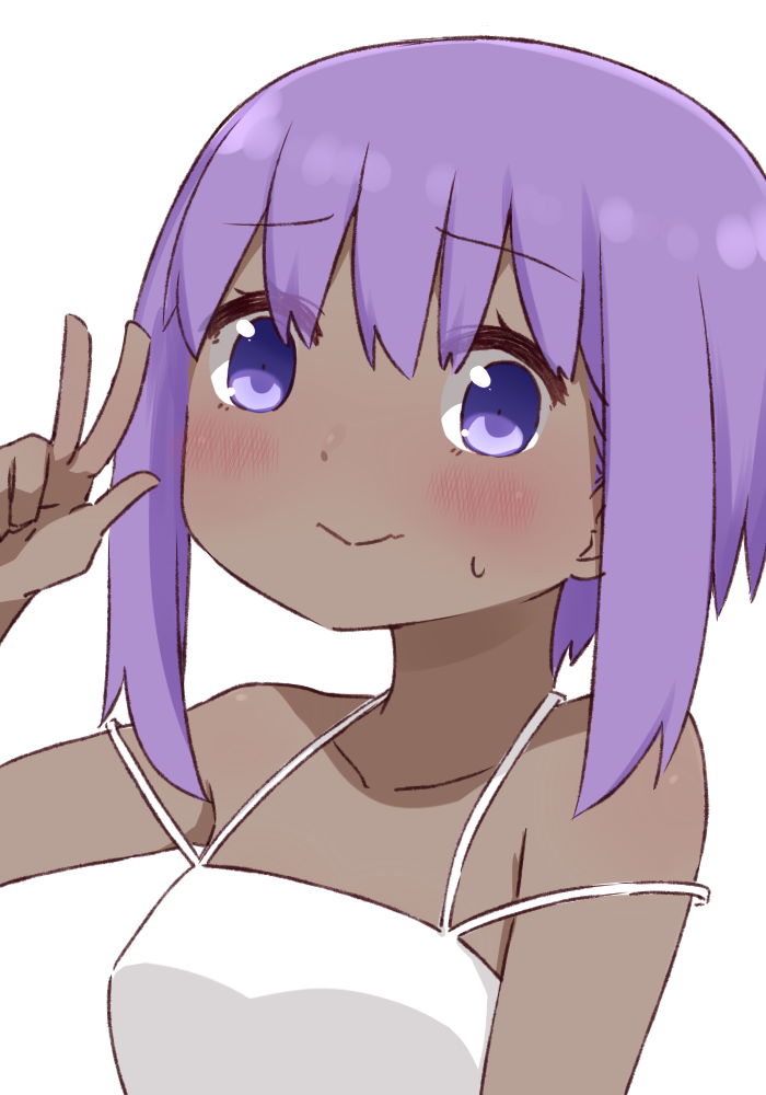 1girl bangs bare_shoulders blush breasts closed_mouth collarbone dark_skin dress eyebrows_visible_through_hair fate/prototype fate/prototype:_fragments_of_blue_and_silver fate_(series) hair_between_eyes hand_up hassan_of_serenity_(fate) i.u.y looking_at_viewer multiple_straps purple_hair sidelocks simple_background sleeveless sleeveless_dress small_breasts smile solo sweat upper_body v violet_eyes white_background white_dress