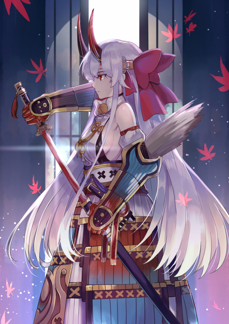 1girl armor bow breasts column commentary detached_sleeves drawing_sword fate/grand_order fate_(series) gloves hair_bow hairband japanese_armor japanese_clothes katana kote kusazuri leaf long_hair looking_to_the_side maple_leaf medium_breasts oni_horns pillar red_bow red_eyes red_gloves red_horns sagta_panggang scabbard sheath sideboob silver_hair solo sword tomoe_gozen_(fate/grand_order) unsheathing very_long_hair weapon