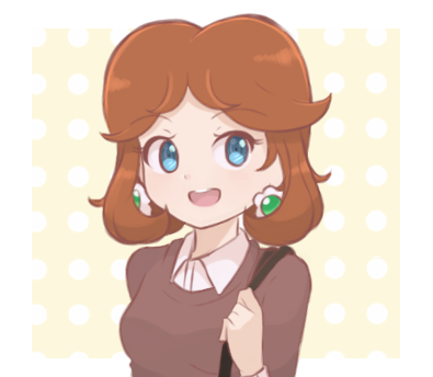 1girl alternate_costume alternate_hairstyle bag blue_eyes brown_hair casual chocomiru earrings eyebrows_behind_hair eyebrows_visible_through_hair handbag jewelry looking_at_viewer lowres open_mouth polka_dot polka_dot_background princess princess_daisy short_hair smile solo super_mario_bros. upper_body