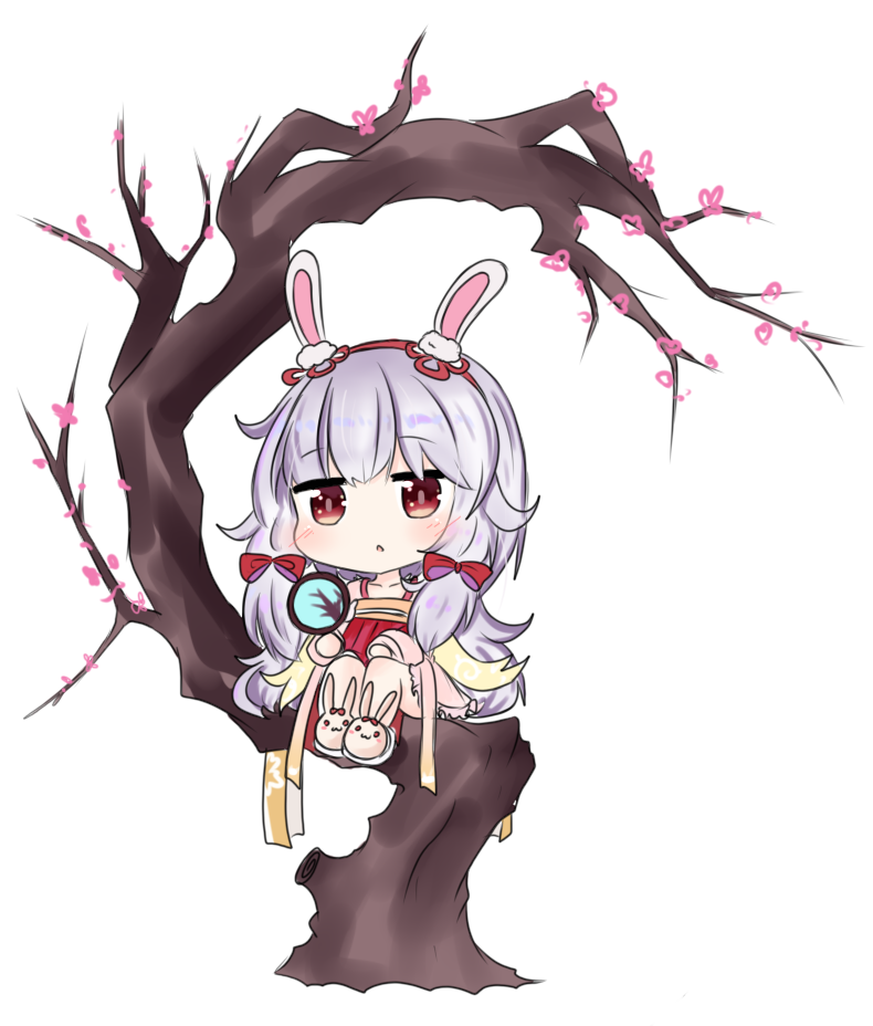 1girl :o animal_ears animal_slippers azur_lane bailingxiao_jiu blush bow brown_eyes bunny_slippers chibi dress hair_bow hairband in_tree laffey_(azur_lane) long_hair long_sleeves parted_lips pink_footwear pleated_dress rabbit_ears red_bow red_dress red_hairband silver_hair simple_background sitting sitting_in_tree solo tree twintails very_long_hair white_background