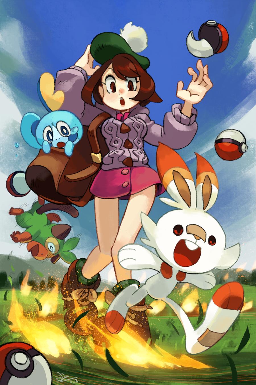 1girl alex_ahad backpack bag brown_eyes brown_hair creatures_(company) female_protagonist_(pokemon_swsh) fire game_freak gen_8_pokemon grass green_hat grookey hat highres nintendo poke_ball pokemon pokemon_(creature) pokemon_(game) pokemon_swsh scorbunny sobble tam_o'_shanter