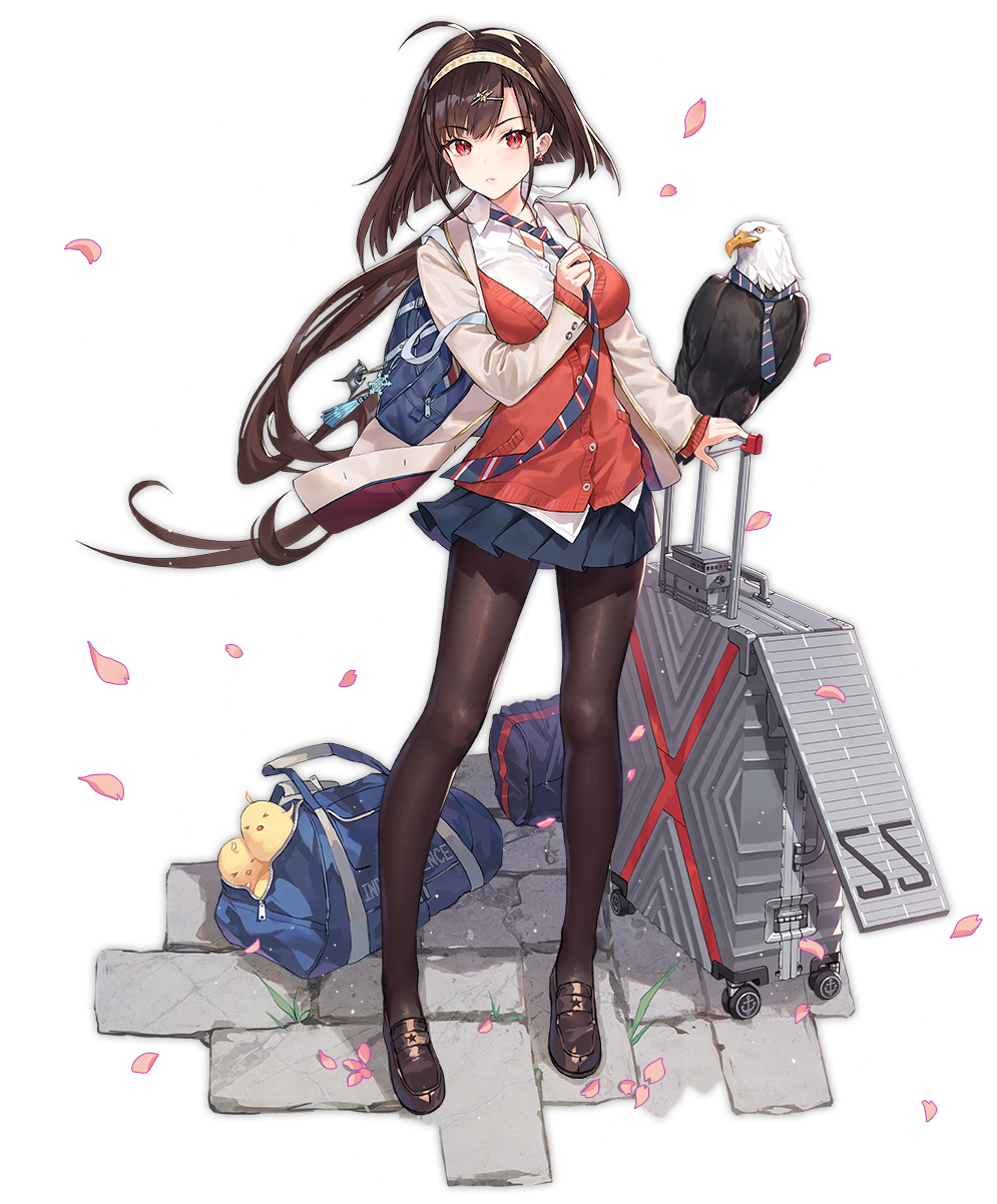1girl ahoge alternate_costume animal atdan azur_lane bag bald_eagle bird black_footwear black_legwear blazer blue_neckwear blue_skirt blush breasts brown_hair buttons charm_(object) chick clothed_animal collared_shirt dress_shirt duffel_bag eagle earrings fine_fabric_emphasis floating_hair full_body grass hair_ornament hairband hairclip hand_up highres holding independence_(azur_lane) jacket jewelry large_breasts loafers long_hair long_sleeves low_ponytail luggage miniskirt necktie notebook official_art open_clothes open_jacket pantyhose parted_lips pavement petals pleated_skirt red_cardigan red_eyes rolling_suitcase school_bag school_uniform sett shirt shoes sidelocks skirt sleeves_past_wrists slit_pupils solo standing star star_earrings star_print tassel transparent_background undershirt very_long_hair white_jacket white_shirt wind wing_collar