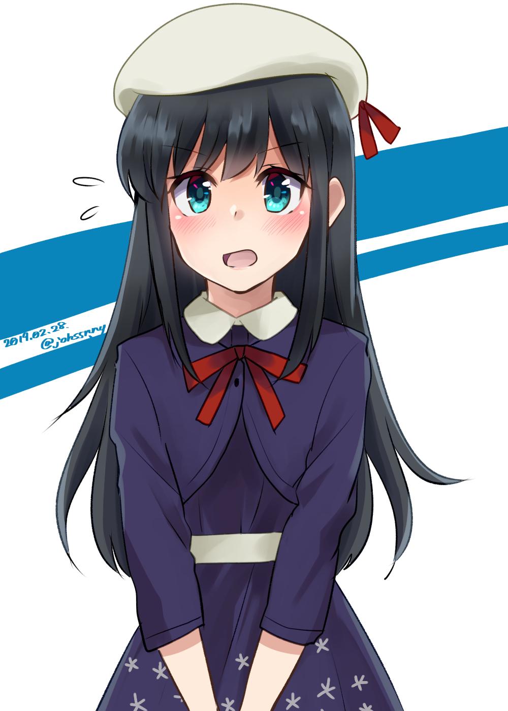 1girl alternate_costume asashio_(kantai_collection) beret black_dress black_hair blazer blue_eyes blue_jacket commentary_request cowboy_shot dated dress flying_sweatdrops hands_together hat highres jacket johssnny kantai_collection long_hair looking_at_viewer neck_ribbon open_mouth red_ribbon ribbon solo star star_print twitter_username two-tone_background white_hat