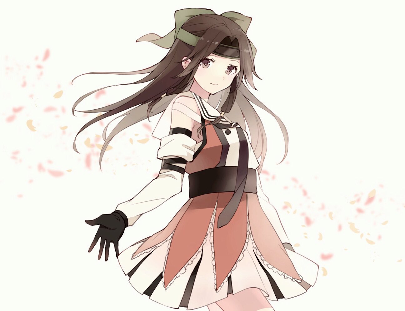 1girl black_gloves black_neckwear brown_eyes brown_hair cherry_blossoms cowboy_shot detached_sleeves elbow_gloves forehead_protector gloves hair_intakes half_updo headband jintsuu_(kantai_collection) kantai_collection long_hair looking_at_viewer necktie petals ponytail remodel_(kantai_collection) sailor_collar school_uniform serafuku shakemi_(sake_mgmgmg) simple_background solo standing twitter_username white_background white_sailor_collar