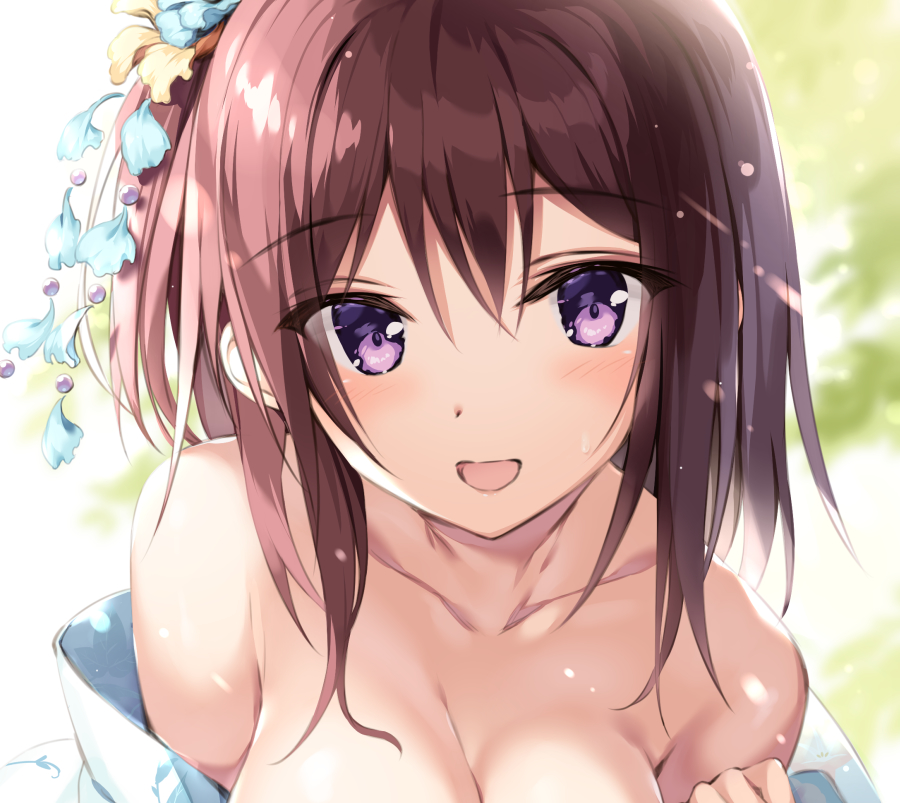 1girl :d backlighting bare_shoulders blush breasts brown_hair cleavage collarbone copyright_request day hair_ornament japanese_clothes kanzashi large_breasts long_hair looking_at_viewer off_shoulder open_mouth oryou sidelocks smile solo upper_body violet_eyes