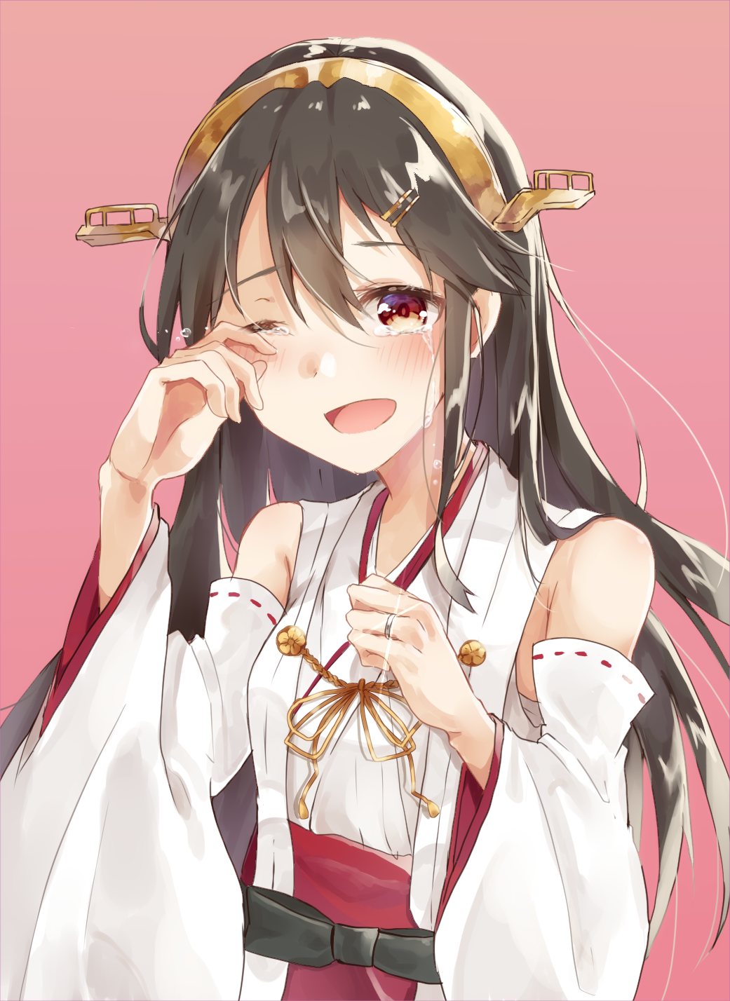1girl bare_shoulders black_hair brown_eyes crying detached_sleeves hair_ornament hairclip haruna_(kantai_collection) headgear highres jewelry kantai_collection long_hair looking_at_viewer nontraditional_miko open_mouth pink_background red_skirt ring simple_background skirt smile solo tears u_yuz_xx upper_body wedding_band