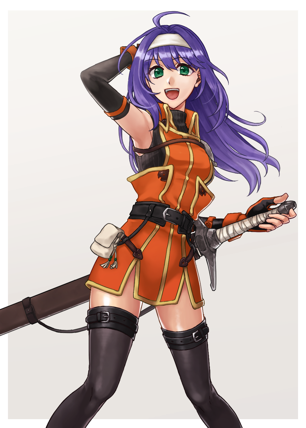 1girl arm_up belt black_legwear blue_hair elbow_gloves fingerless_gloves fire_emblem fire_emblem:_souen_no_kiseki gloves green_eyes grey_background hairband hazuki_(nyorosuke) highres long_hair nintendo open_mouth scabbard sheath sheathed simple_background sleeveless solo sword thigh-highs wayu_(fire_emblem) weapon white_hairband