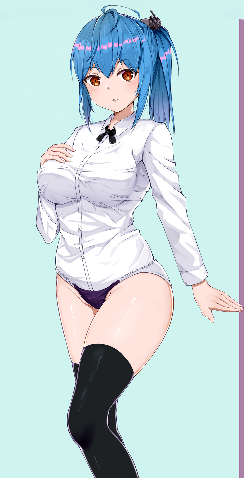 1girl black_legwear black_neckwear blue_background blue_hair blush breasts commentary_request eyebrows_visible_through_hair feet_out_of_frame hair_between_eyes hair_ornament hand_on_own_breast highres large_breasts long_sleeves looking_at_viewer medium_hair panties pixiv14569549 ponytail prinz_eugen_(warship_girls_r) red_eyes simple_background solo standing thigh-highs two-tone_panties underwear warship_girls_r