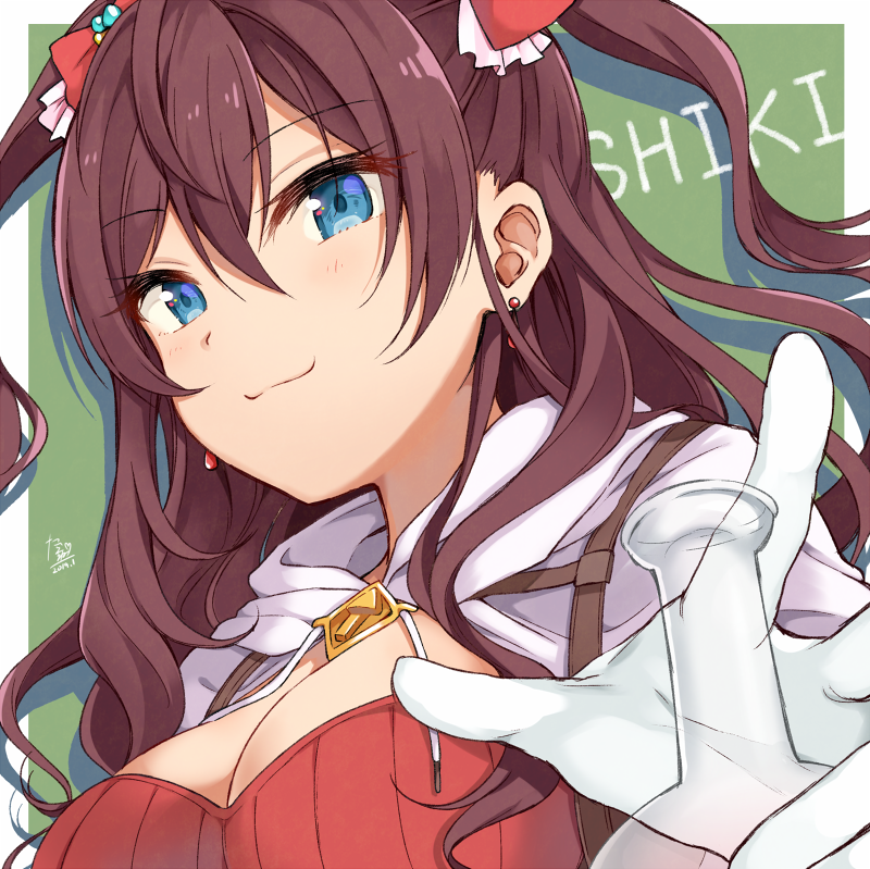 1girl :3 blue_eyes bow breasts brown_hair character_name cleavage closed_mouth dated drawstring drop_shadow earrings flask gloves hair_between_eyes hair_bow hood hooded_jacket ichinose_shiki idolmaster idolmaster_cinderella_girls jacket jewelry large_breasts long_hair looking_at_viewer red_bow red_shirt ribbed_shirt shirt sidelocks signature smile solo tarachine upper_body wavy_hair white_gloves white_jacket