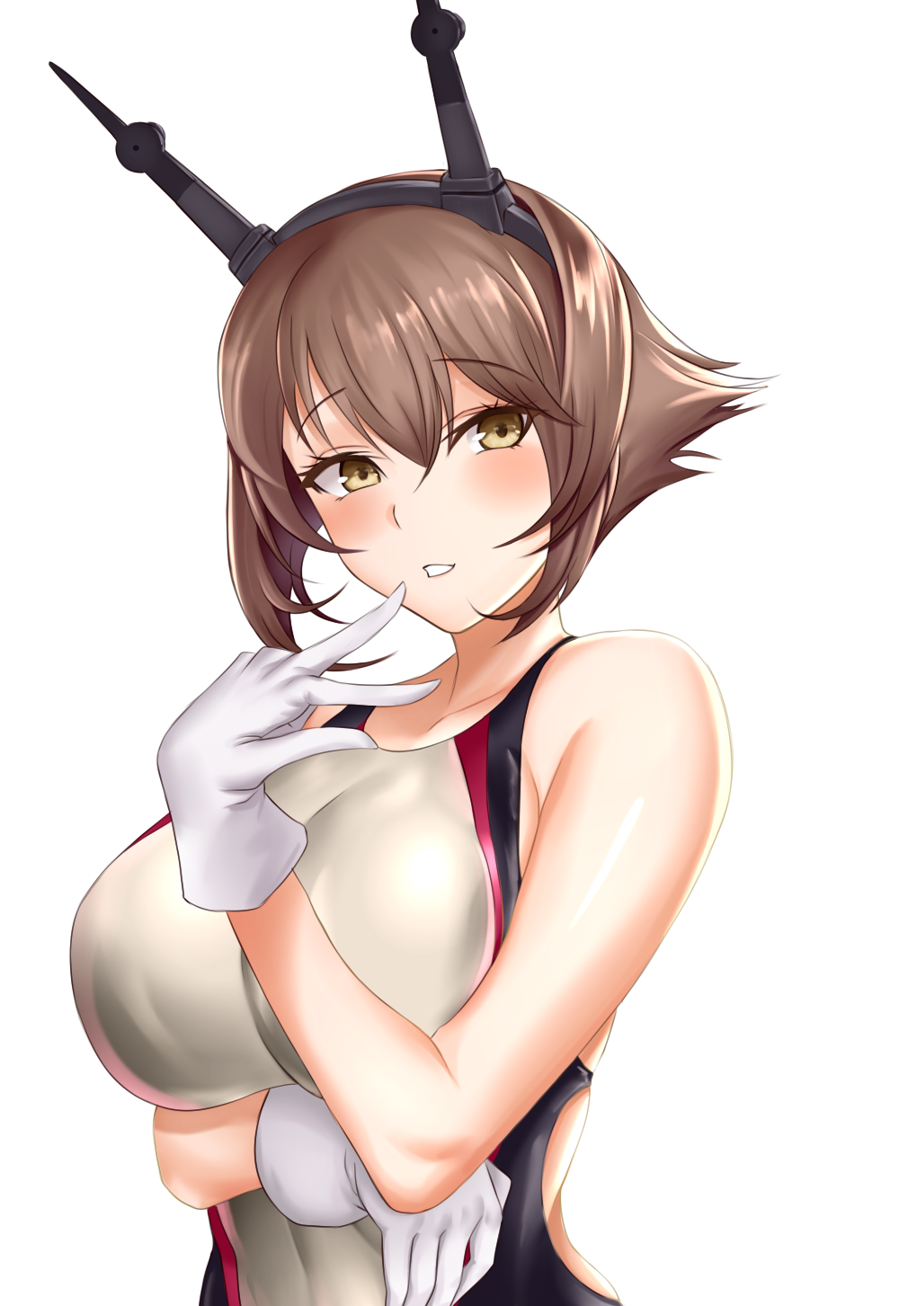 1girl alternate_costume blush breasts brown_eyes brown_hair competition_swimsuit crimecrime eyebrows_visible_through_hair gloves hair_between_eyes headgear highres kantai_collection large_breasts mutsu_(kantai_collection) one-piece_swimsuit short_hair simple_background swimsuit white_background white_gloves