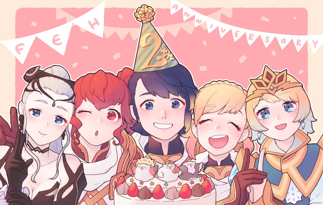 1boy 4girls alfonse_(fire_emblem) anna_(fire_emblem) anniversary black_gloves blonde_hair blue_eyes blue_hair breasts brother_and_sister cake cleavage closed_eyes closed_mouth crown d0o00o0b earrings eir_(fire_emblem) feh_(fire_emblem_heroes) fire_emblem fire_emblem_heroes fjorm_(fire_emblem_heroes) food gloves gradient_hair grin hair_ornament hat jewelry long_hair multicolored_hair multiple_girls nintendo one_eye_closed open_mouth party_hat pink_hair ponytail red_eyes redhead sharena short_hair siblings silver_hair smile