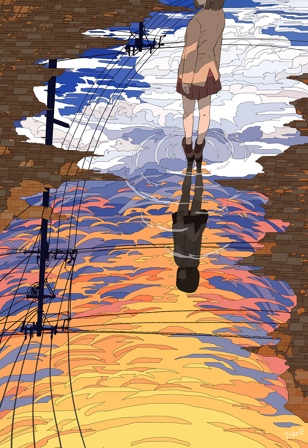 1girl bangs blue_sky brown_hair brown_skirt cable clouds cloudy_sky commentary_request faceless faceless_female head_out_of_frame highres jacket loafers looking_back orange_sky original pavement pleated_skirt power_lines puddle reflection scenery school_uniform seraphitalg shoes skirt sky solo standing telephone_pole water