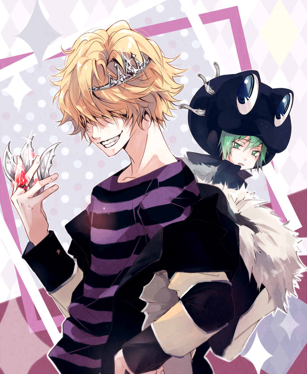 akirakarin belphegor_(reborn) blonde_hair commentary_request fran_(reborn) hair_over_eyes hat highres jewelry katekyo_hitman_reborn knife male_focus multiple_boys ring shiratama_akari shirt smile striped striped_shirt tiara