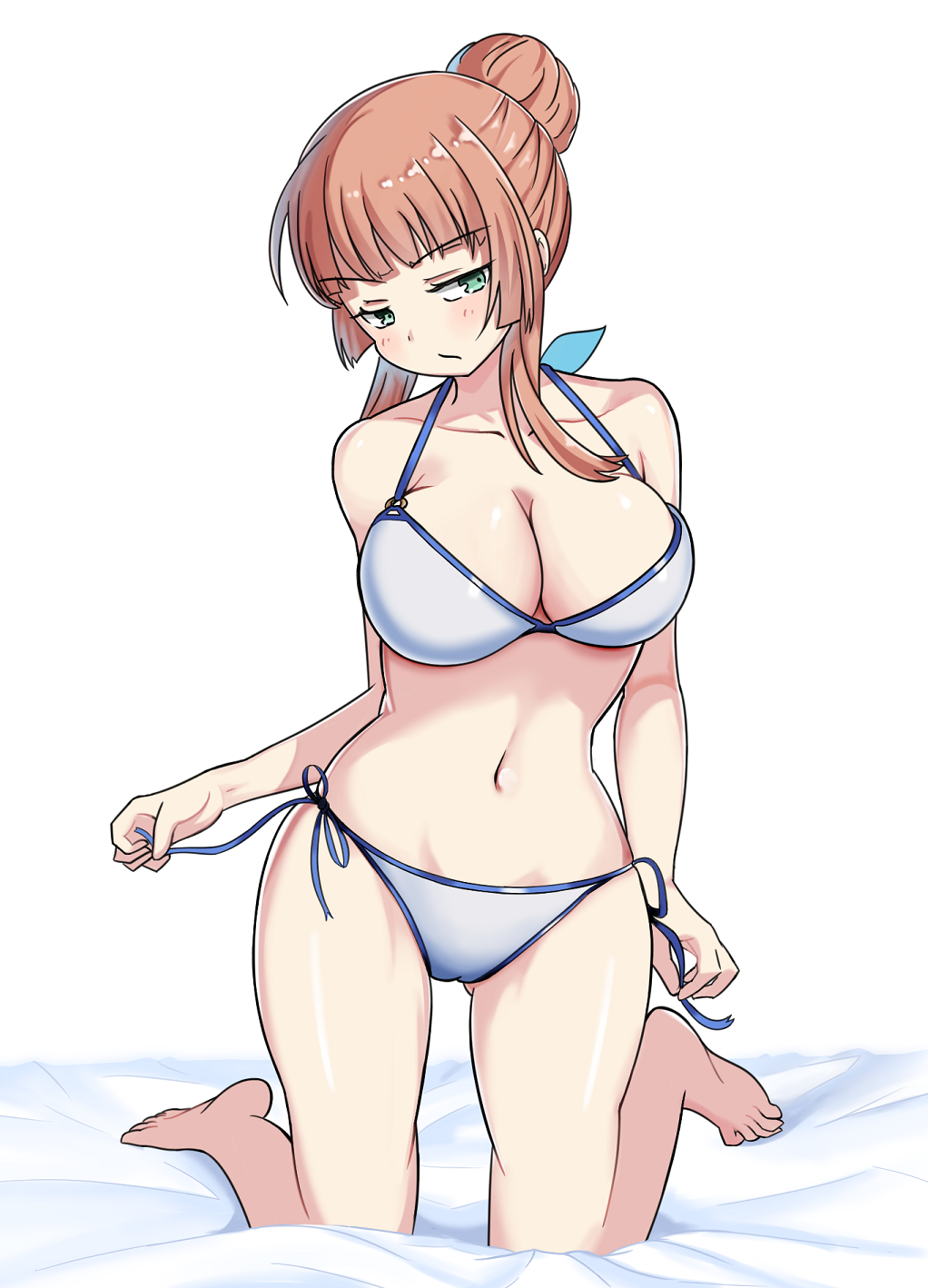 1girl anne_(shingeki_no_bahamut) bangs barefoot bikini blunt_bangs breasts brown_eyes cleavage collarbone eyebrows_visible_through_hair full_body gluteal_fold green_eyes hair_bun highres kneeling large_breasts long_hair navel renfuu shingeki_no_bahamut side-tie_bikini simple_background solo swimsuit white_background white_bikini