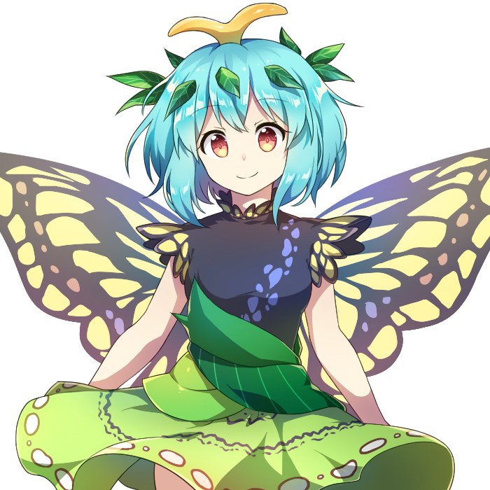 1girl antennae bangs bare_arms black_shirt blue_hair breasts butterfly_wings caramell0501 commentary cowboy_shot english_commentary eternity_larva eyebrows_visible_through_hair green_skirt hair_between_eyes leaf looking_at_viewer orange_eyes shirt short_hair simple_background skirt small_breasts smile solo touhou white_background wings