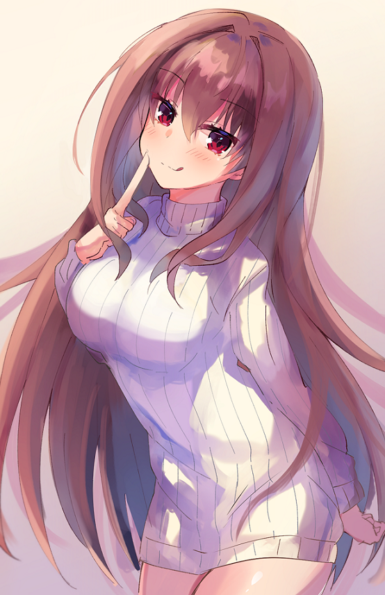 :p blush breasts commentary_request eyebrows_visible_through_hair fate/grand_order fate_(series) finger_to_mouth gradient gradient_background hair_intakes large_breasts long_hair long_sleeves looking_at_viewer naked_sweater ohitashi_netsurou purple_hair red_eyes ribbed_sweater scathach_(fate)_(all) scathach_(fate/grand_order) sweater tongue tongue_out turtleneck turtleneck_sweater