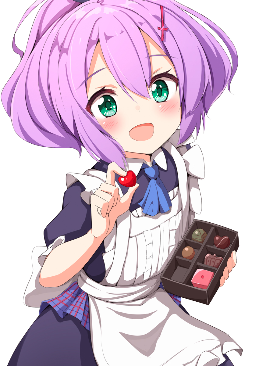 1girl :d ame. apron ascot azur_lane bangs blue_neckwear blush chocolate chocolate_heart collared_dress commentary_request dress dutch_angle eyebrows_visible_through_hair food green_eyes hair_between_eyes hair_ornament heart high_ponytail highres holding holding_food javelin_(azur_lane) looking_at_viewer maid_apron open_mouth pink_hair ponytail puffy_short_sleeves puffy_sleeves purple_dress short_sleeves sidelocks simple_background smile solo white_apron white_background