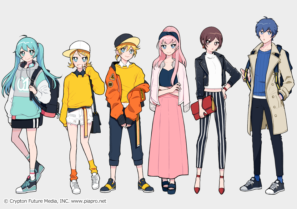 2boys 4girls aqua_eyes aqua_hair backpack bag baseball_cap black_footwear black_jacket black_shirt blonde_hair blue_eyes blue_hair blue_shirt brown_eyes brown_hair collared_shirt commentary_request drawstring hand_in_pocket hand_on_hip hat hatsune_miku holding hood hood_down hoodie jacket kagamine_len kagamine_rin kaito kisaragi_yuu_(fallen_sky) long_hair long_skirt long_sleeves looking_at_viewer megurine_luka meiko midriff multiple_boys multiple_girls off_shoulder official_art orange_jacket pants pink_hair pink_skirt red_footwear sandals shirt shoes short_hair shorts skirt smile striped striped_pants sweater twintails v vocaloid watermark web_address white_footwear white_shirt yellow_sweater