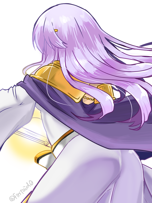 1girl ass book cape casting_spell circlet dress fire_emblem fire_emblem:_seisen_no_keifu lavender_hair long_hair long_sleeves looking_away looking_back nintendo portrait purple_hair solo twitter_username very_long_hair white_background wide_sleeves yukia_(firstaid0) yuria_(fire_emblem)