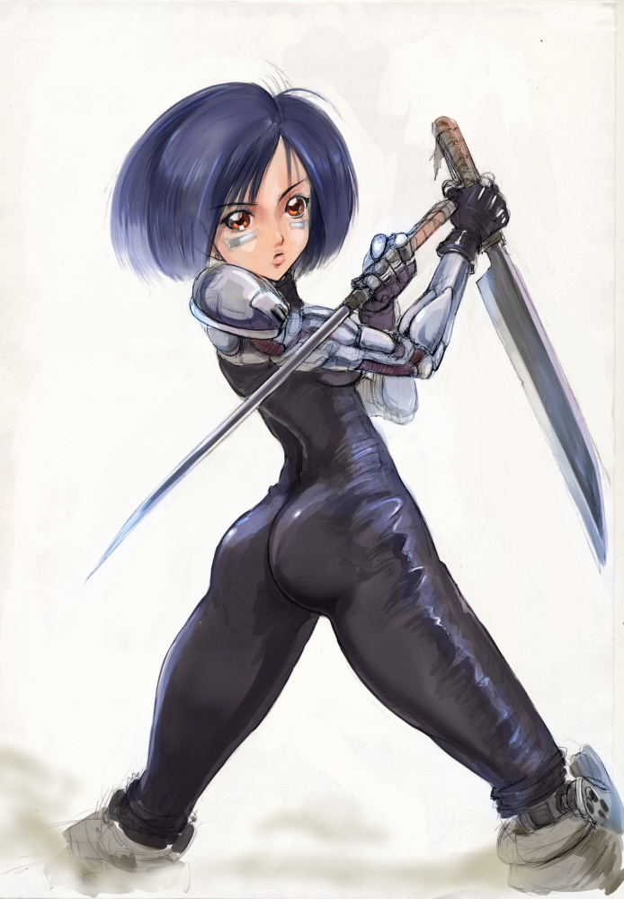 1girl black_bodysuit black_hair bodysuit brown_eyes commentary_request cyberpunk cyborg facepaint fighting_stance gally gunnm holding holding_weapon leg_warmers looking_back mechanical_arms reverse_grip science_fiction shopyun short_hair short_sword skin_tight solo sword weapon