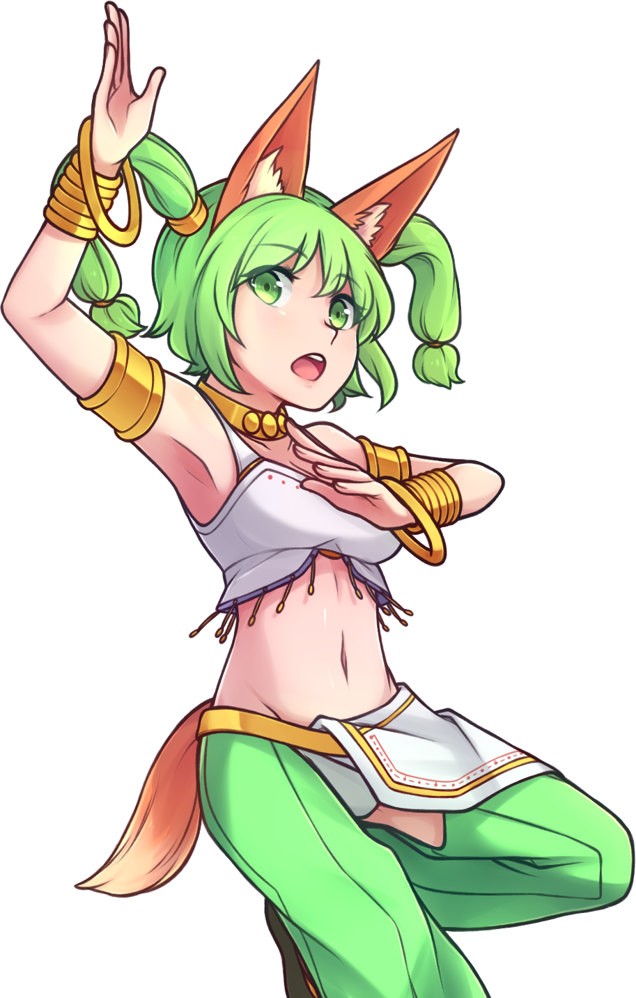 1girl :o animal_ear_fluff animal_ears arm_up armlet armpits bare_shoulders bracelet crotchless_pants dancer eyebrows_visible_through_hair eyes_visible_through_hair green_eyes green_hair hair_ornament highres jewelry kotri_(rabi-ribi) looking_at_viewer midriff navel necklace pants rabi-ribi solo speckticuls tail transparent_background twintails upper_body
