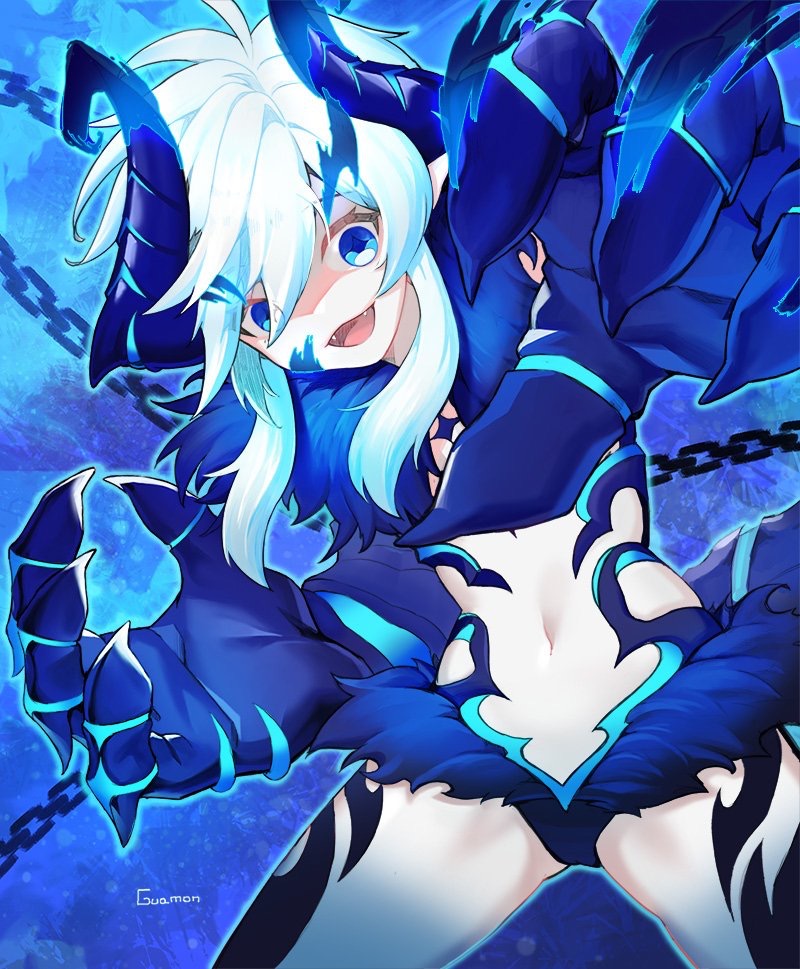 1girl armor artist_name blue_background blue_eyes blue_horns chains commentary_request demon demon_girl demon_horns elsword eyebrows_visible_through_hair fangs fur_trim guamon hair_between_eyes horns leg_tattoo long_hair looking_at_viewer navel open_mouth pointy_ears short_hair solo tattoo white_hair