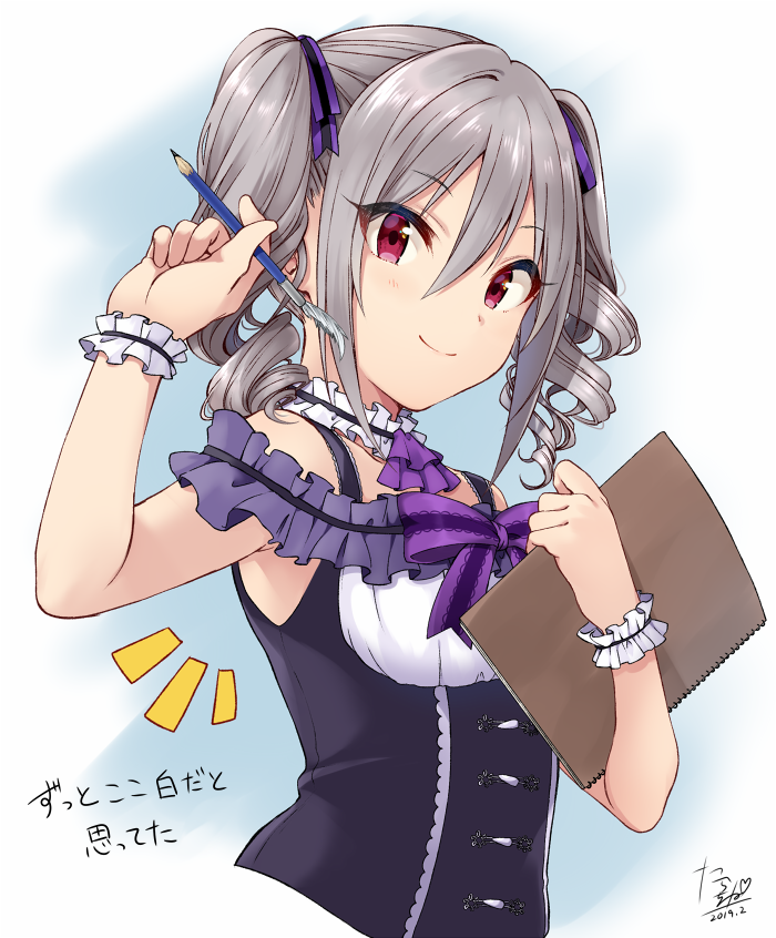 1girl arm_up armpit_peek bare_shoulders black_shirt breasts closed_mouth cropped_torso curly_hair dated feathers framed_breasts frills grey_hair hair_between_eyes hair_ribbon hand_up holding holding_notebook holding_pencil idolmaster idolmaster_cinderella_girls kanzaki_ranko long_hair looking_at_viewer notebook notice_lines pencil purple_ribbon red_eyes ribbon shirt sidelocks signature sleeveless sleeveless_shirt smile solo tarachine translation_request twintails wristband