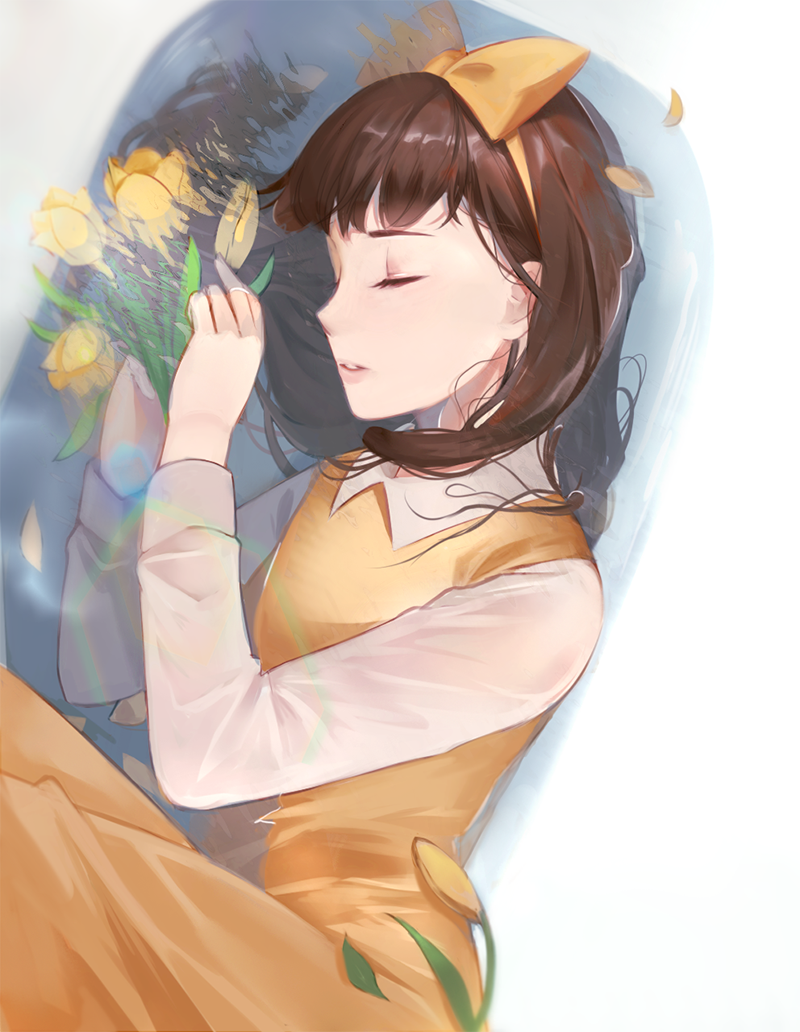 1girl antweiyi bathtub bow brown_hair closed_eyes devotion dress du_meishin flower hair_bow hairband long_hair long_sleeves shirt sleeveless sleeveless_dress solo tulip water wet wet_clothes white_shirt yellow_bow yellow_dress yellow_flower yellow_hairband